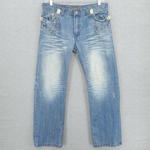 Ross Carra Jeans Mens 38 Blue Straight Relaxed Studded Embroidered Cotton Denim